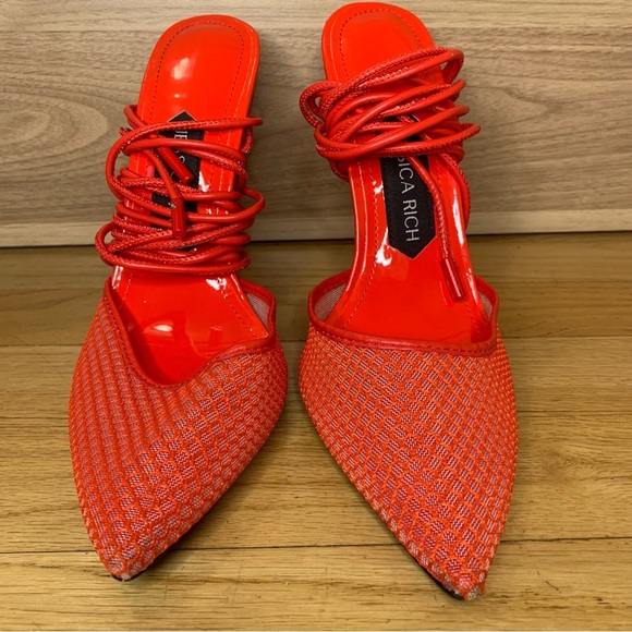 Jessica Rich Women's Exotic Red Strap Lace Up Pointy High Heels - Size 36 - Picture 3 of 12